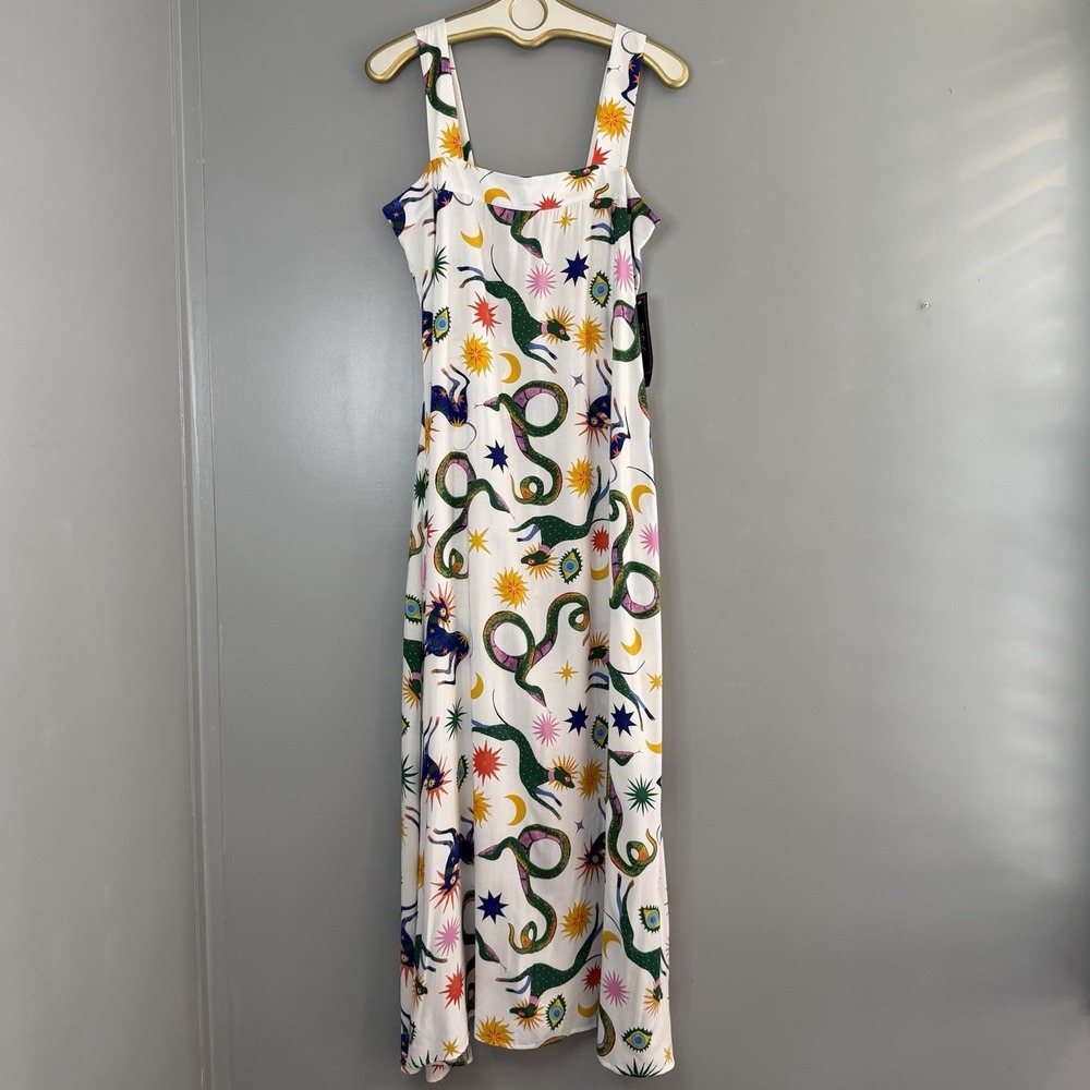 Womens Maxi Sundress L Celestial Snake Sun Moon Print Boho Mystical Summer NWT